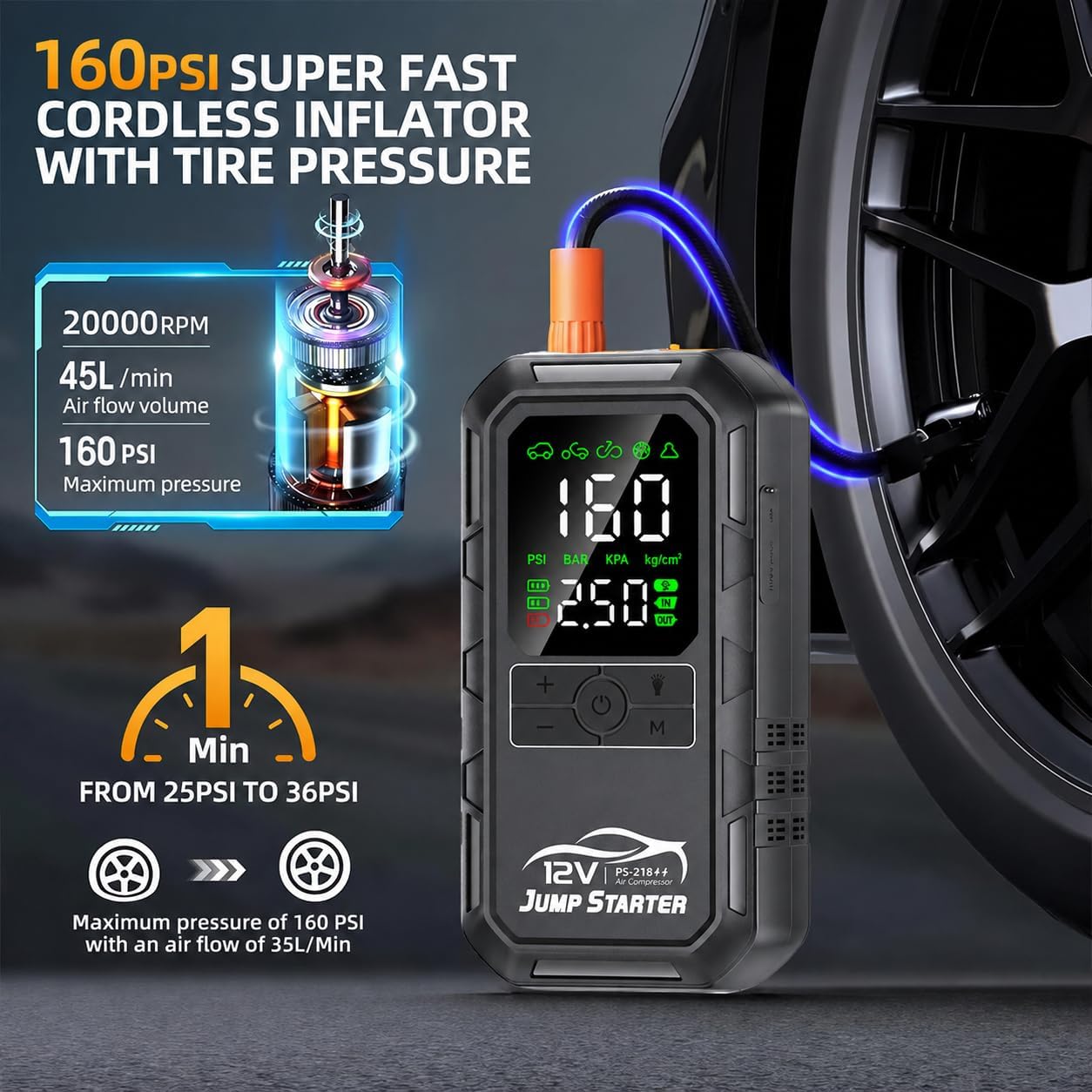 10-in-1 Car Battery Jump Starter with Air Compressor 8000A 160PSI Portable Car Jumper Starter (All Gas 12L Diesel)
