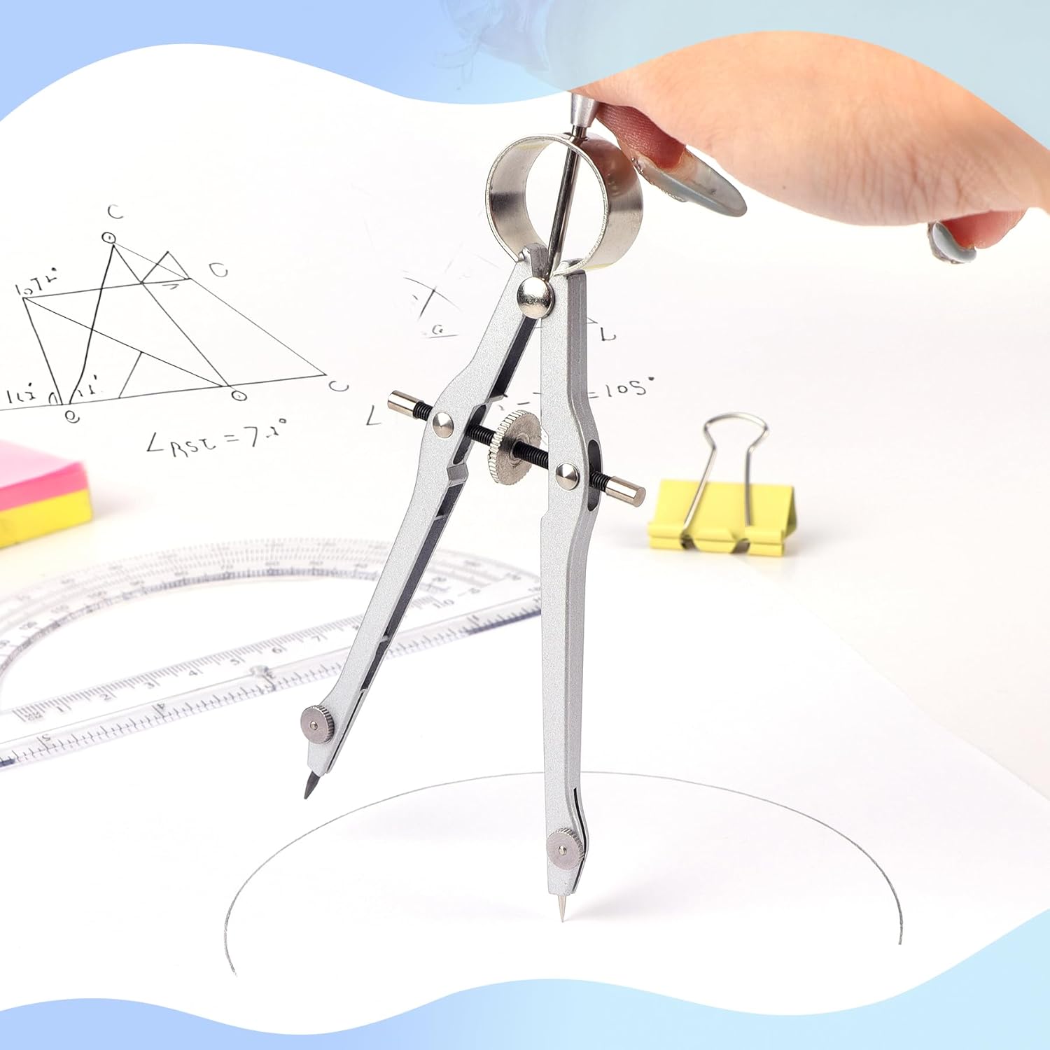 Compass and Protractor Set, Math Compass for Geometry (Silver) | Professional Drawing Compass Tool, Metal Compass