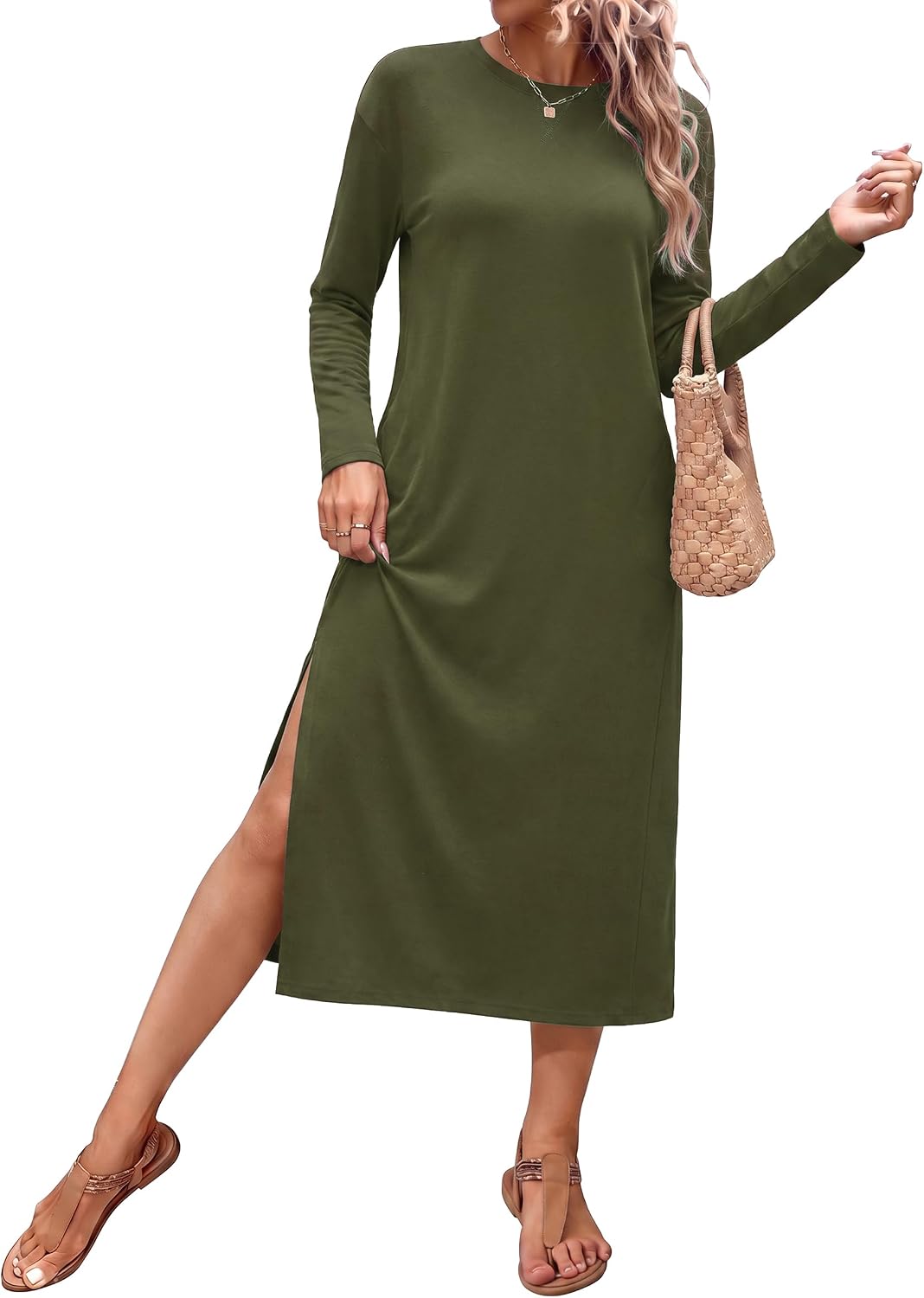 Long Sleeve Midi Dresses for Women with Pockets