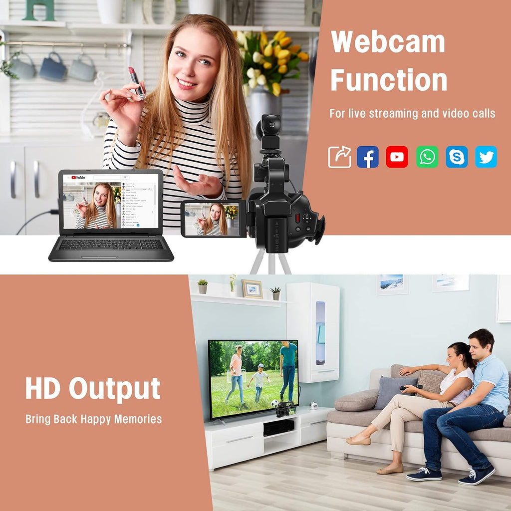 4K Video Camera Camcorder HD 64MP 18X Digital Zoom Vlogging Camera for YouTube Video Camera with WiFi, 4500mAh