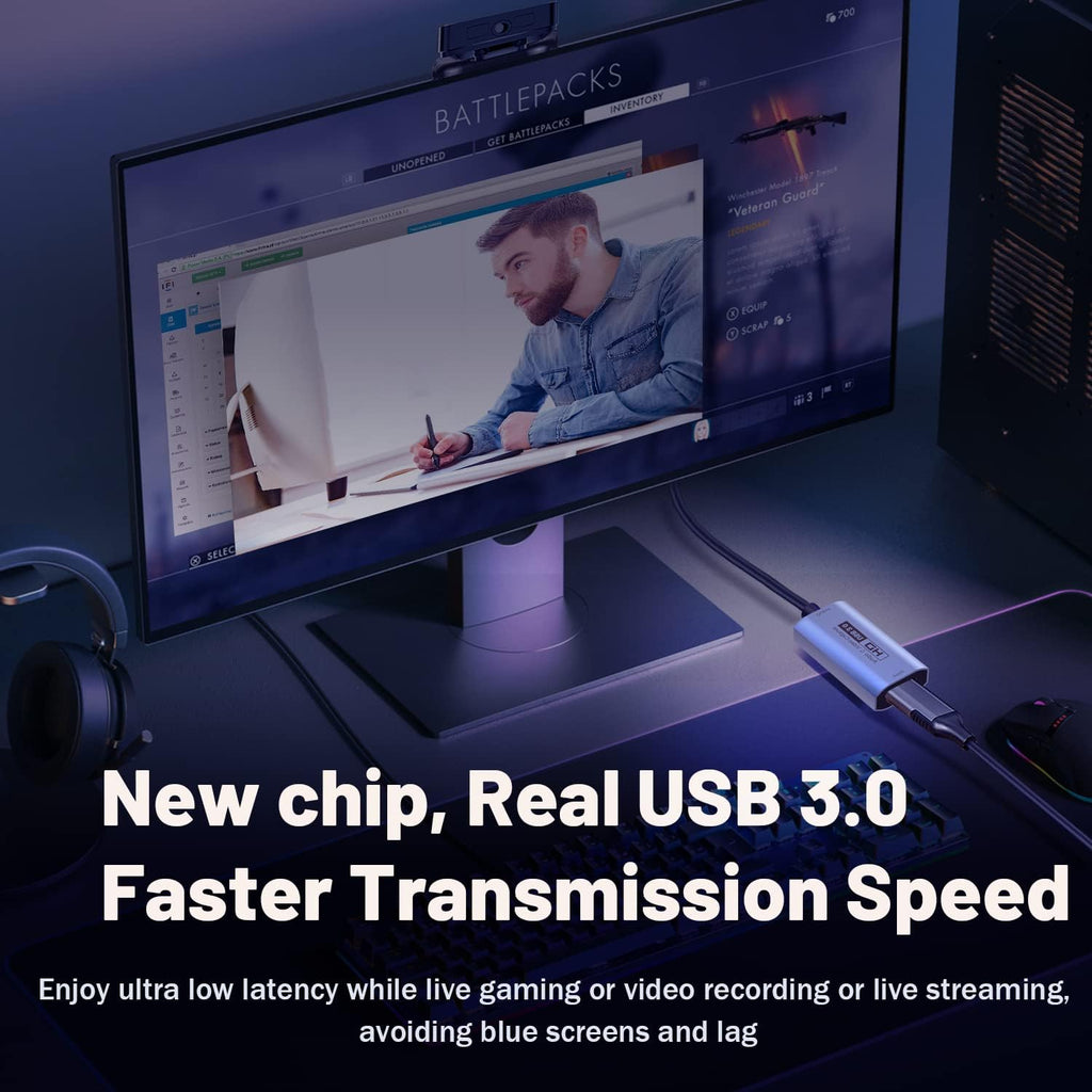 Video Capture Card, USB3.0 HDMI to USB-C Capture Device, 2K@30FPS | Stream & Record Gameplay at 1080P@60FPS