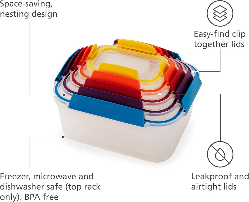 Nest Lock Plastic BPA Free Food Storage Container Set with Lockable Airtight Leakproof Lids, 10-Piece, Multi-Color