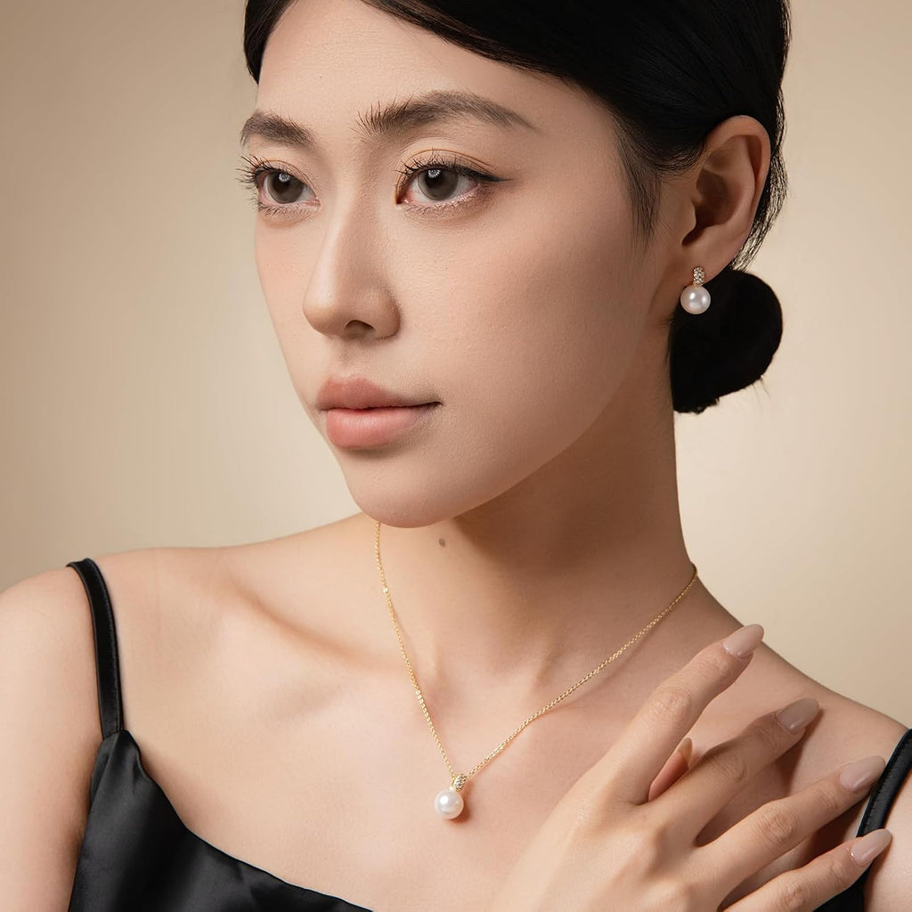 Classic Pearl Jewelry Set for Women – Elegant Pearl Necklace and Earrings Set with 14K Gold Plated Silver Chain