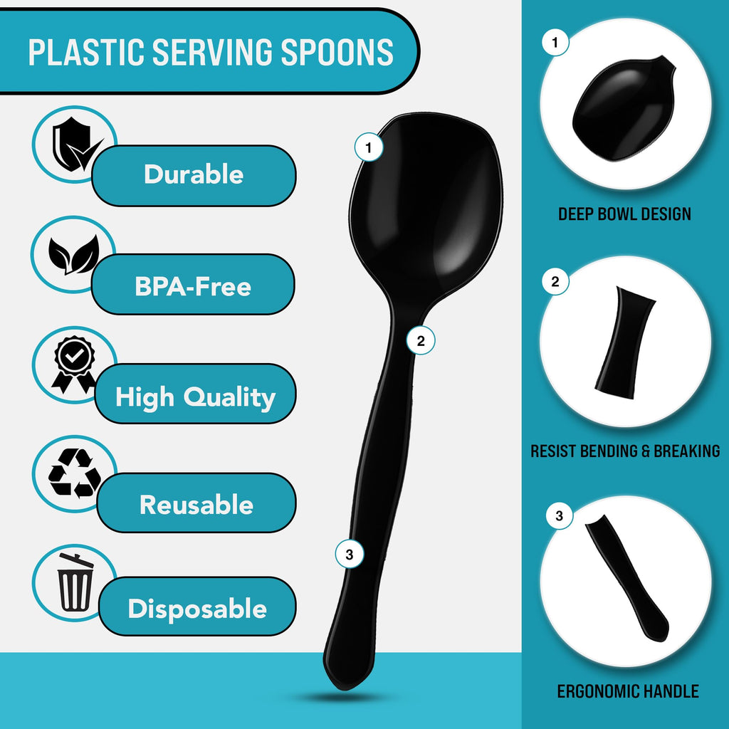8.5" Black Plastic Serving Spoons for Buffet, Bulk 36 Count, Heavy Duty Disposable Spoon, Large Plastic Serving