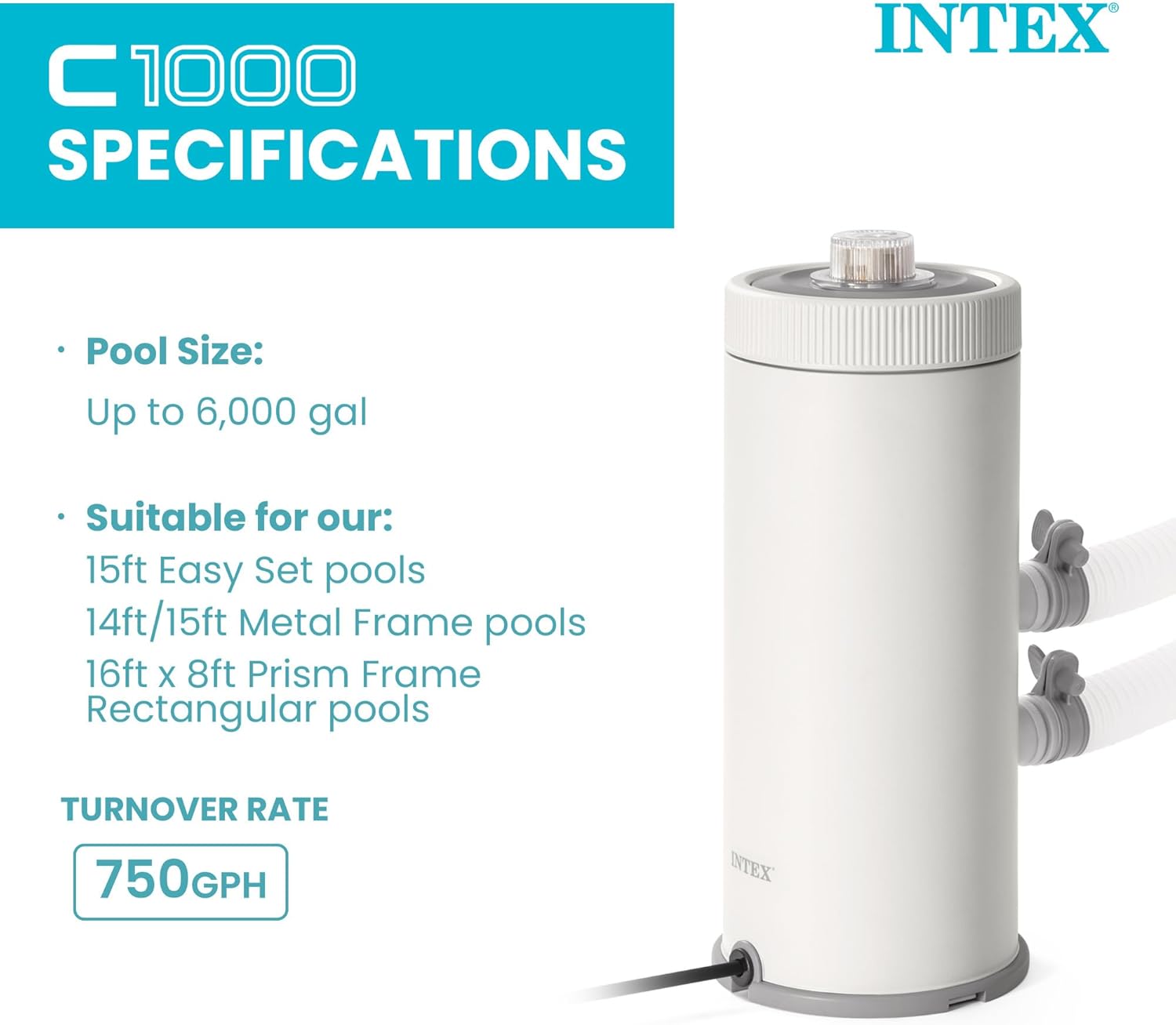 C1000 Cartridge Filter Pump for AGP: 1000 GPH Pump Flow Rate - Cartridge Gauge Indicator - HydroAeration Technology
