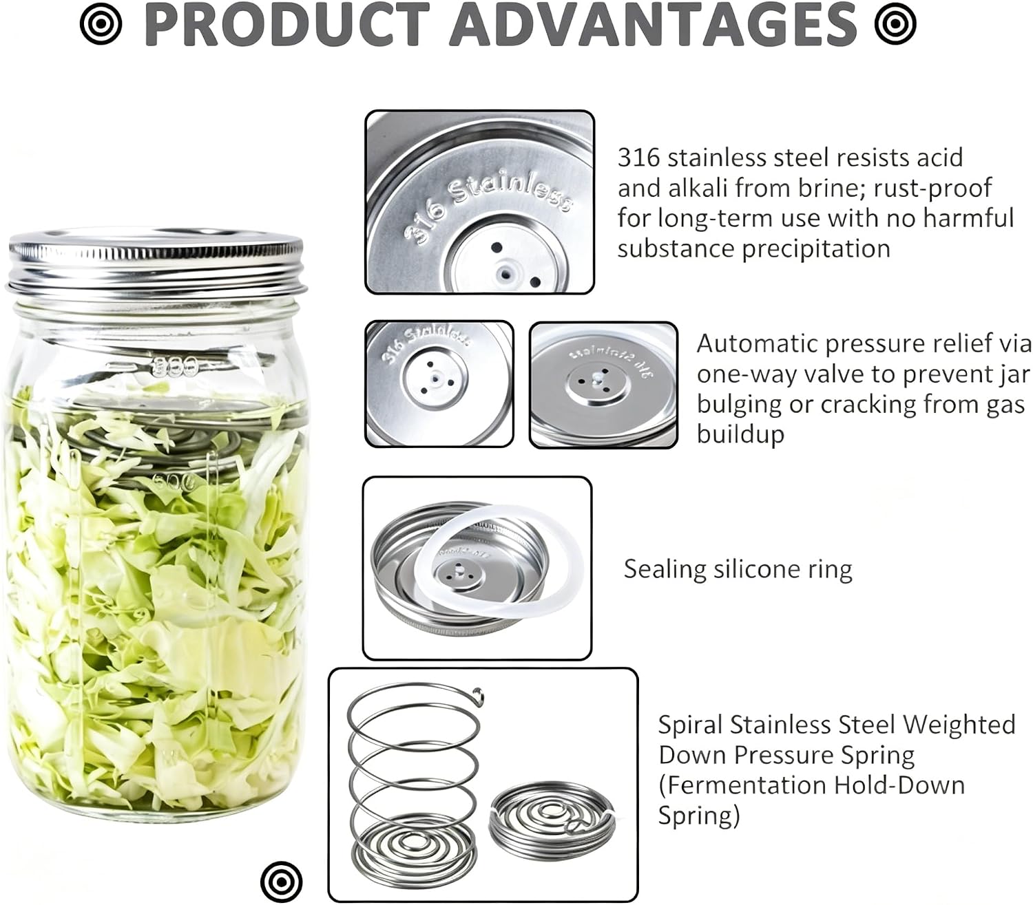 Stainless Steel Fermentation Lids Kit with Springs and Silicone Airlock for 16/24/32/64Oz Wide Mouth Mason Jars