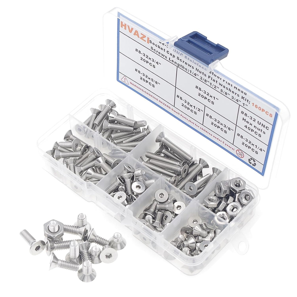 #8-32 UNC 304 Stainless Steel Flat-Head Socket Cap Screws, Nuts Kit