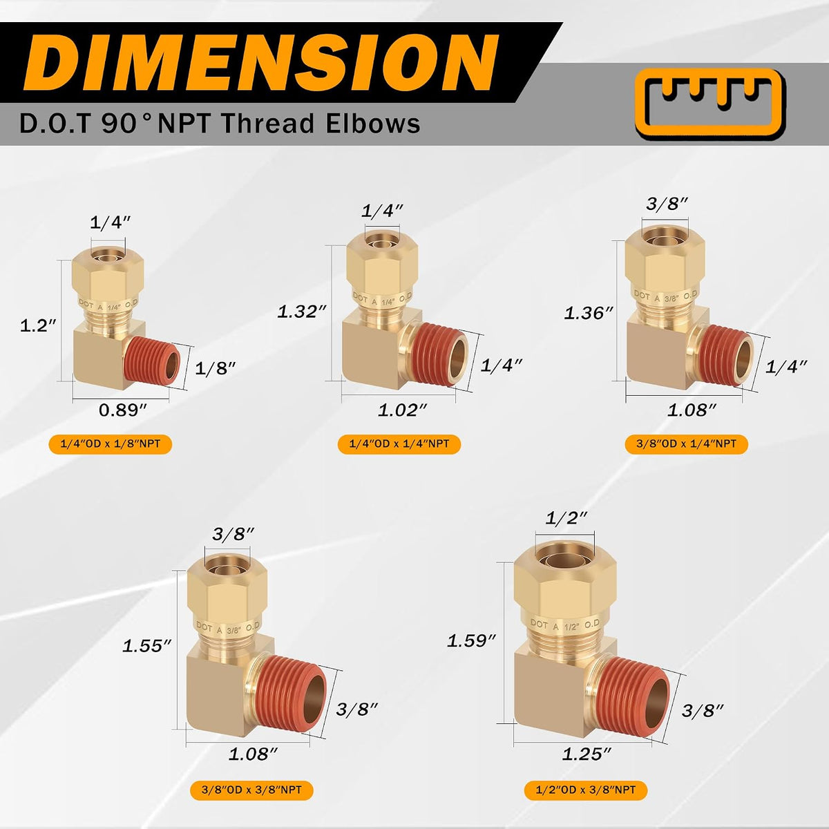 5PCS DOT Brass Compression 3/8" Tube x 3/8" NPT 90 Degree Elbow