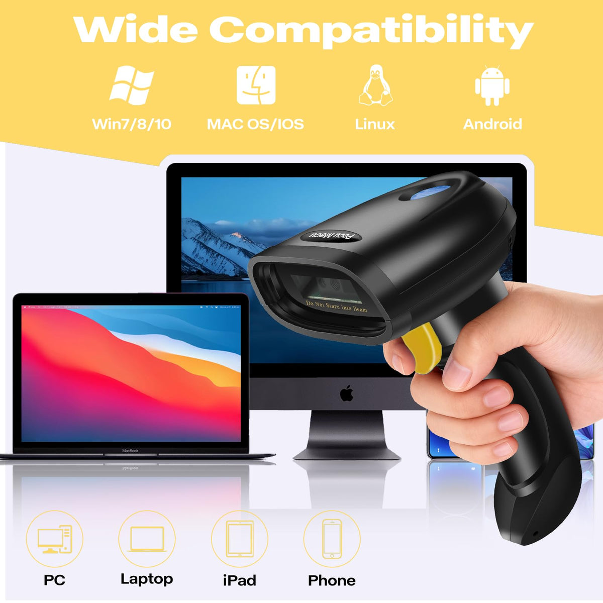 Bluetooth 1D&2D Barcode Scanner, 3-in-1 Bluetooth & USB Wired & 2.4G Wireless QR Barcode Reader, PDF417 Data Matrix