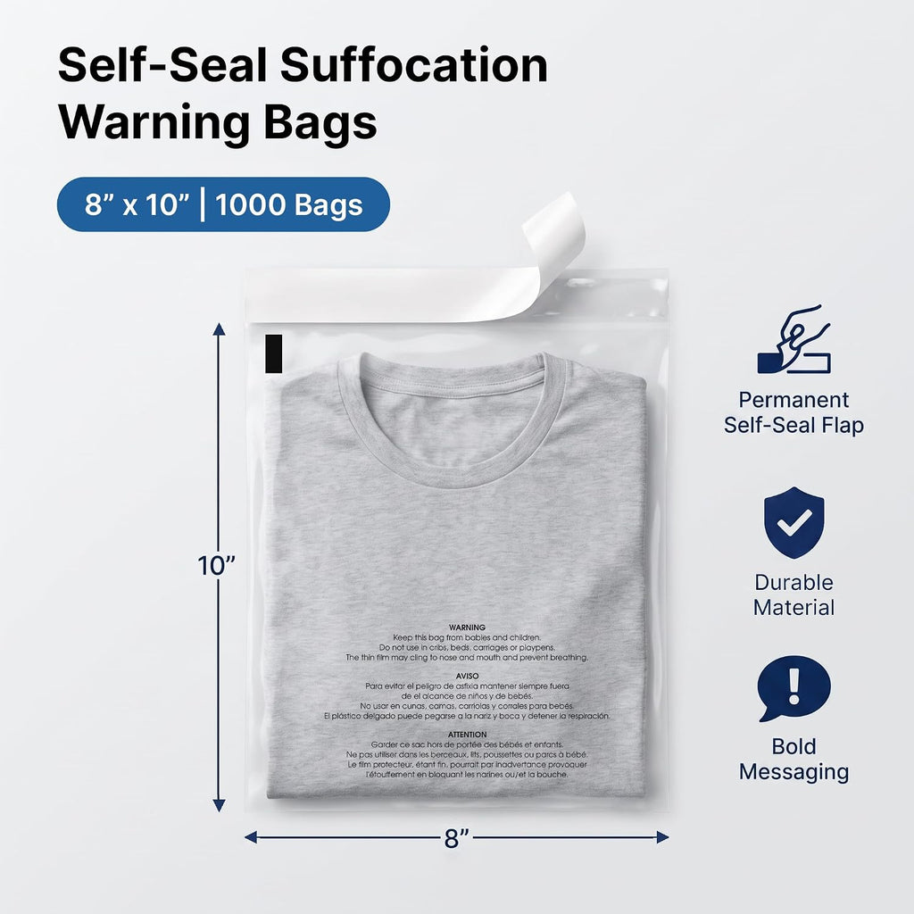 8" X 10" (1000 Count) Self Seal Clear Poly Bags with Suffocation Warning