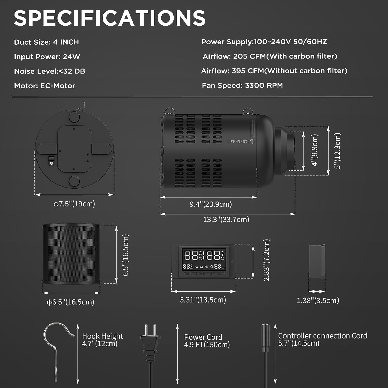 4 Inch Inline Duct Fan with EC Motor and Built-in Carbon Filter, Duct Fan Kit with Temperature Humidity Controller