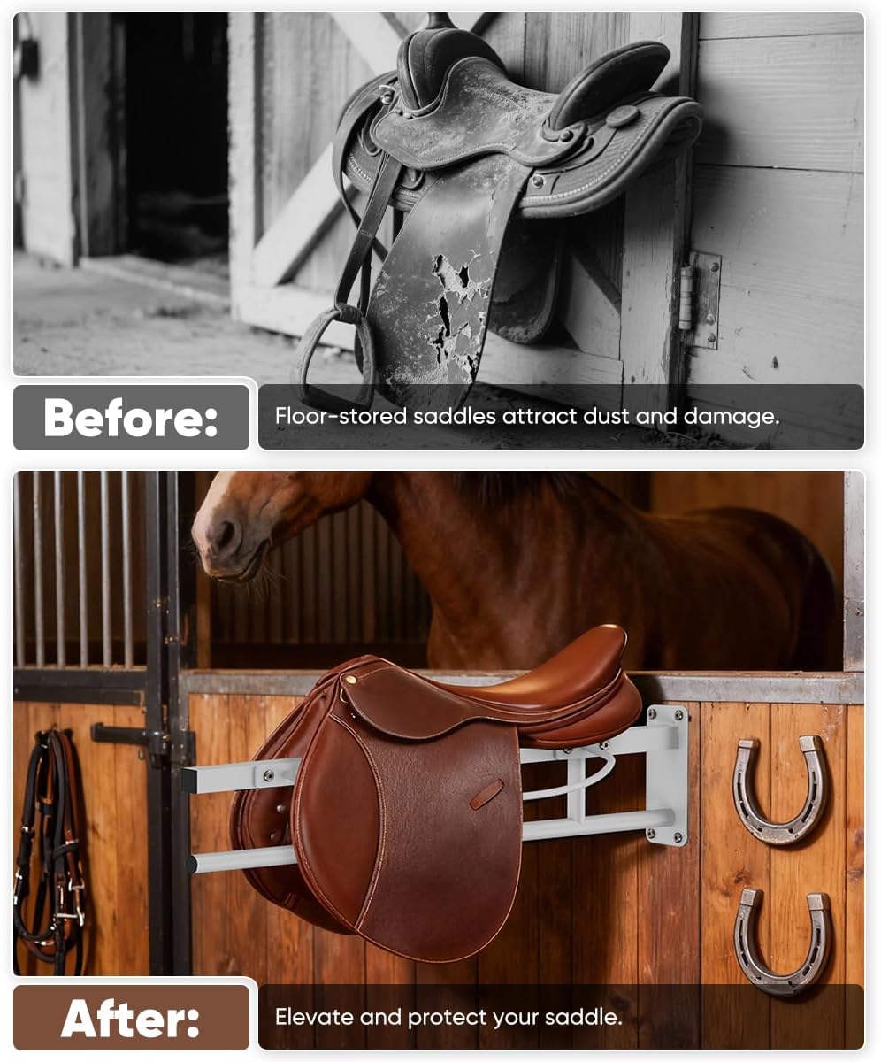 Wall Mounted Saddle Rack with Pad Bar for Horses Saddles, White