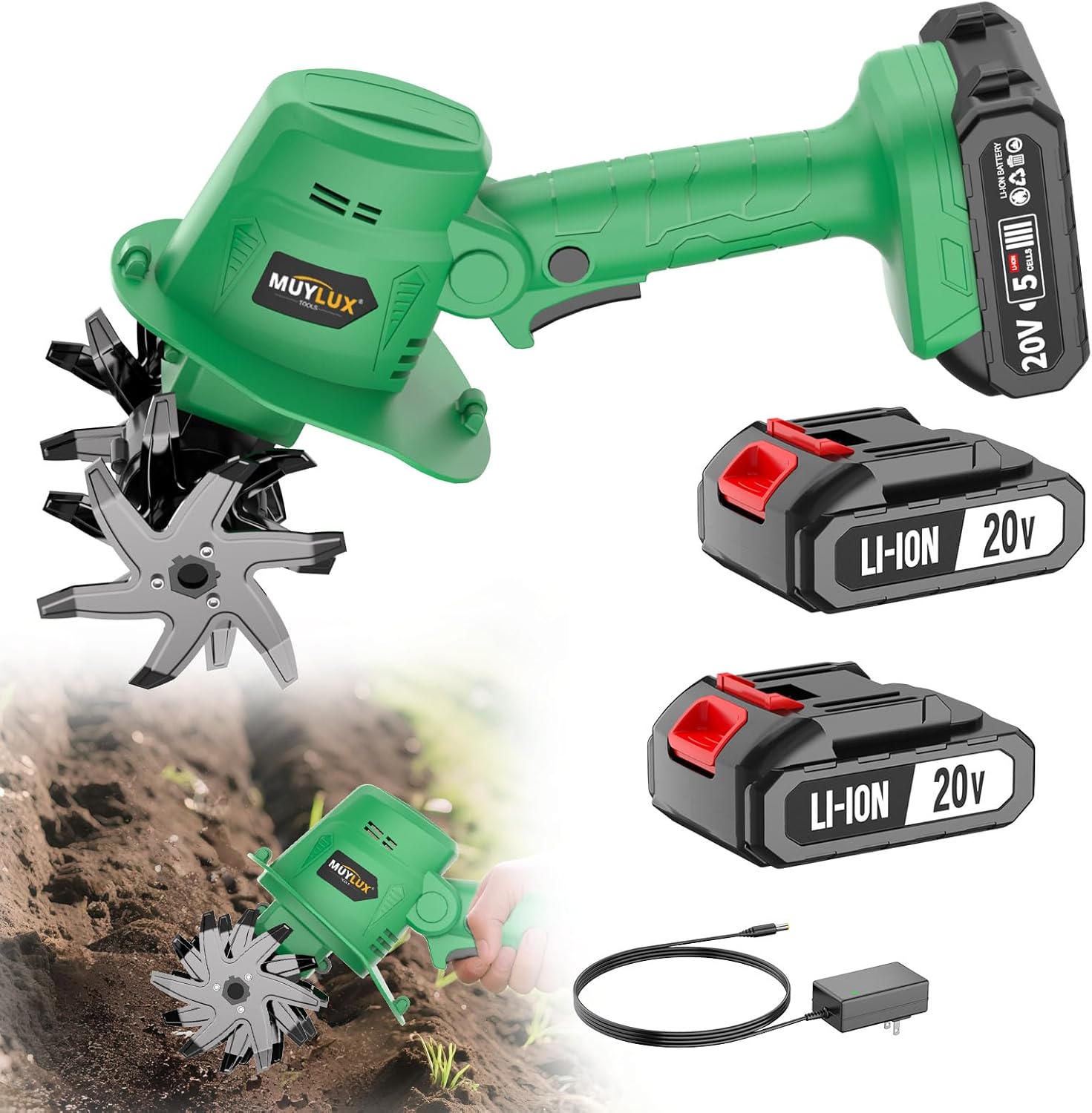20V Cordless Tiller Cultivator for Gardening, Electric Garden Tiller with 2 x 2.0Ah Batteries & Charger, Garden