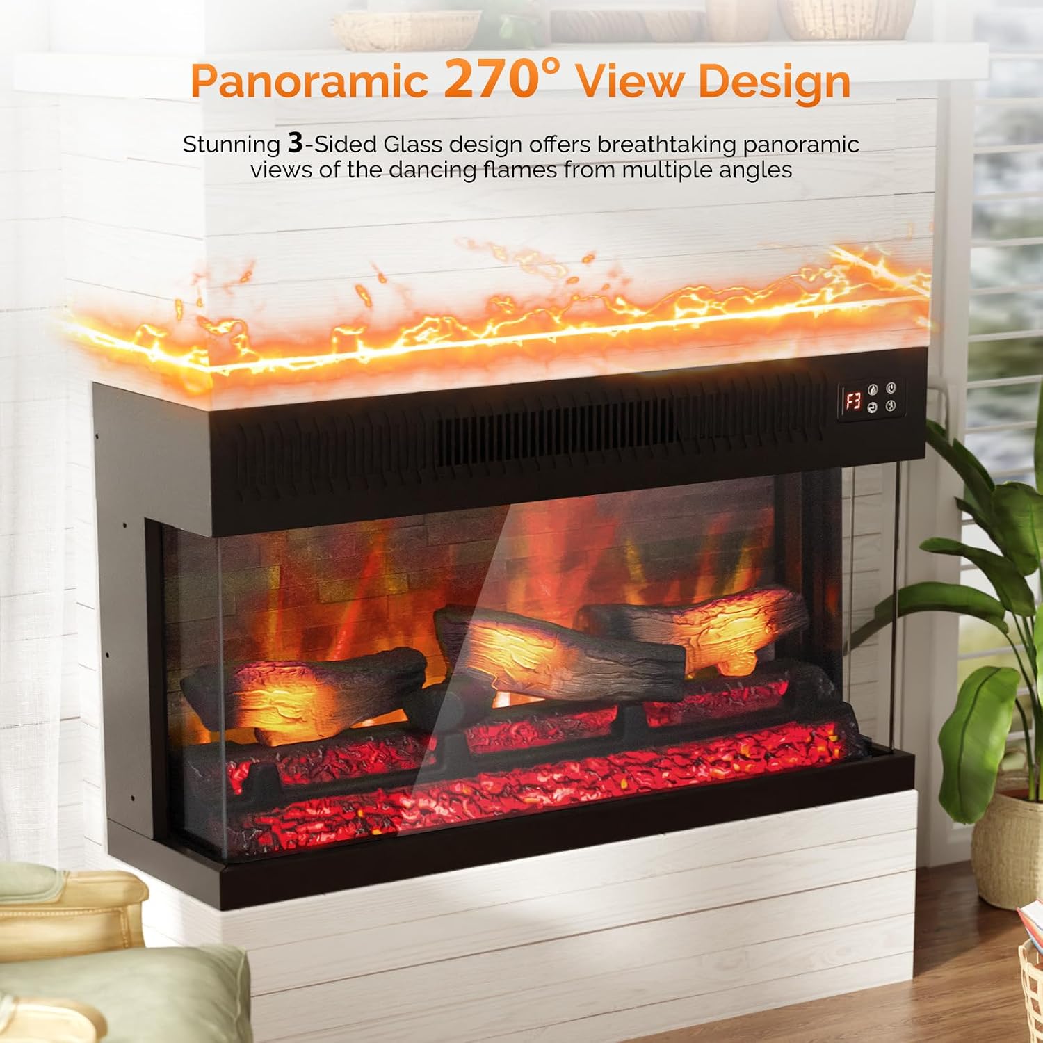 36 Inch 3-Sided Glass Electric Fireplace Insert, Electric Fireplace Heater with Remote Control, Wall Mounted and
