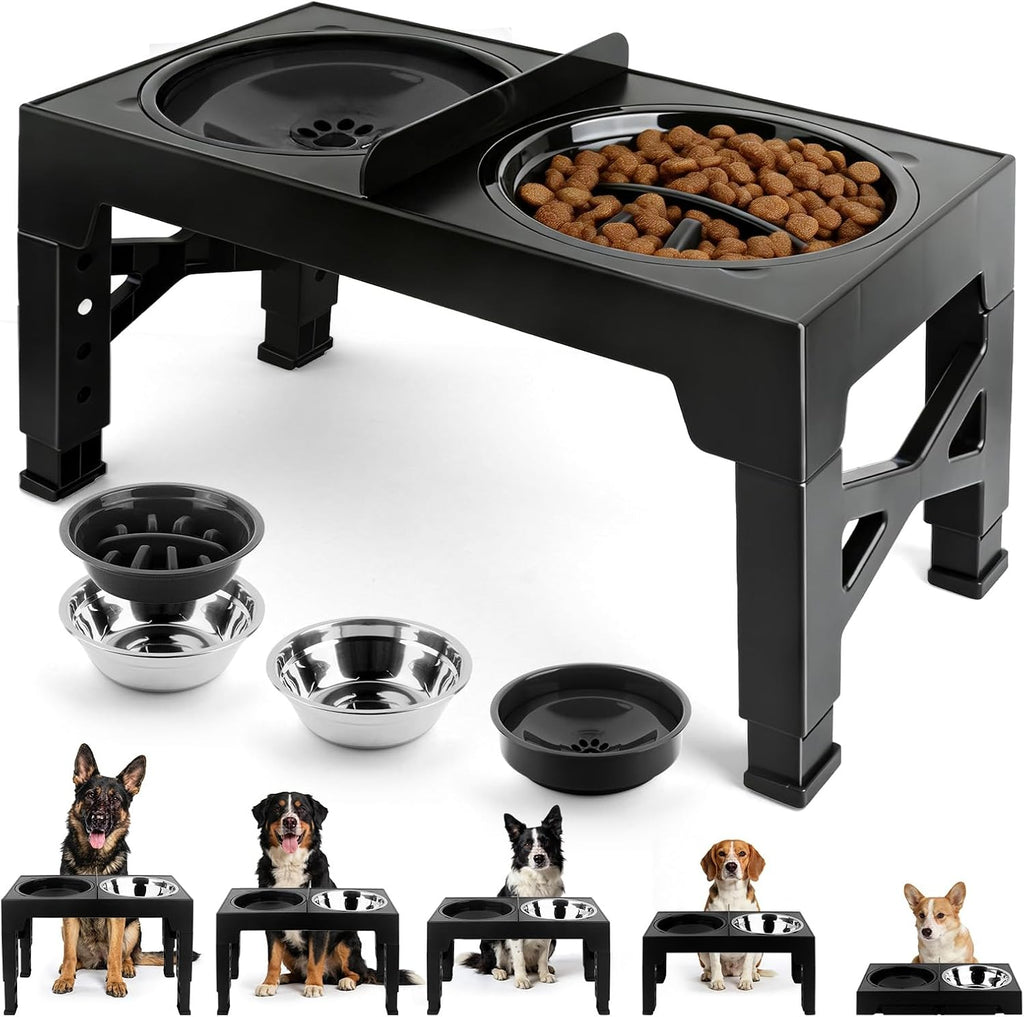 4-in-1 Dog Bowl Elevated Stand with Slow Feeder & Spill-Proof Water Bowl, 5-Height Adjustable Raised Dog Bowl for