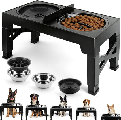 4-in-1 Dog Bowl Elevated Stand with Slow Feeder & Spill-Proof Water Bowl, 5-Height Adjustable Raised Dog Bowl for
