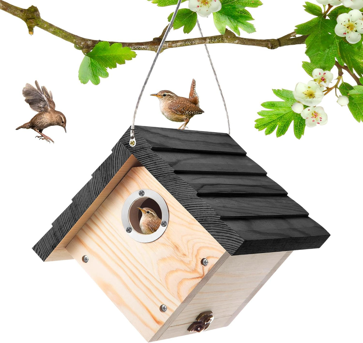 1 Pack Wren House, 1-1/8'' Entrance Hole Hanging Wooden Wren Bird Houses for Outside with Metal Guard, Air Vents