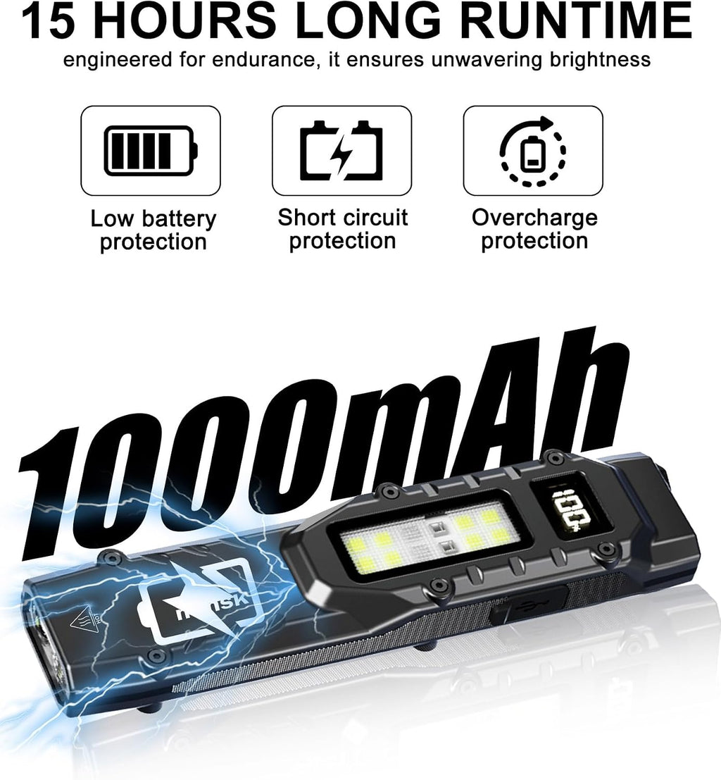 EDC Tactical Flashlight, 1500 High Lumens Rechargeable LED Flashlight, Compact 9 Modes, USB-C Rechargeable Digital