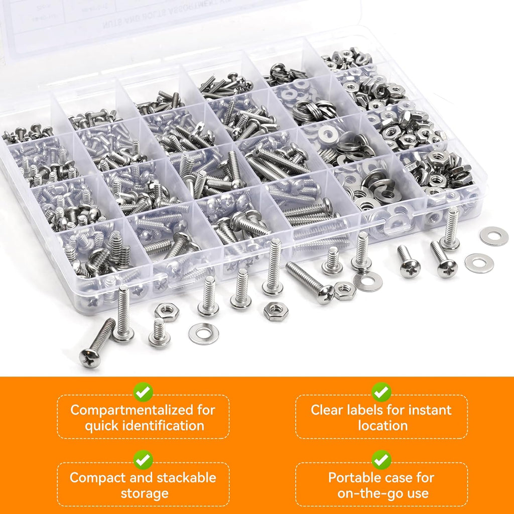 Stainless Steel Nuts and Bolts Assortment Kit, 720PCS Machine Screw #10-24#8-32#6-32#4-40 Silver Phillips Pan Head
