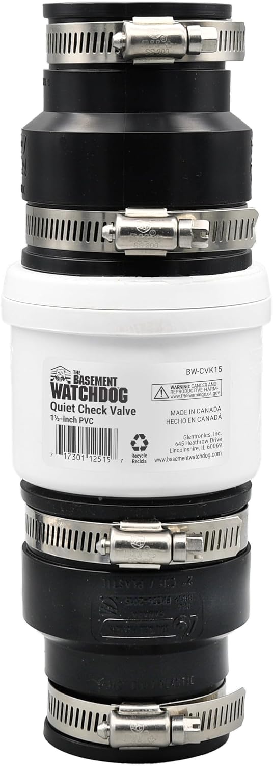 The Basement Watchdog 1.5" Quiet Sump Pump Check Valve - Durable PVC w/Rubber Unions - Easy to Install - Rigid