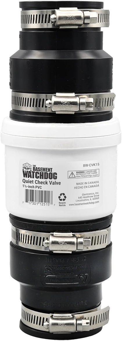 The Basement Watchdog 1.5" Quiet Sump Pump Check Valve - Durable PVC w/Rubber Unions - Easy to Install - Rigid