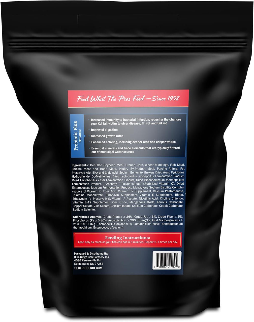 Blue Ridge Koi Fish Food, Probiotic Plus Formula, 3/16" Pellets, 5 lb