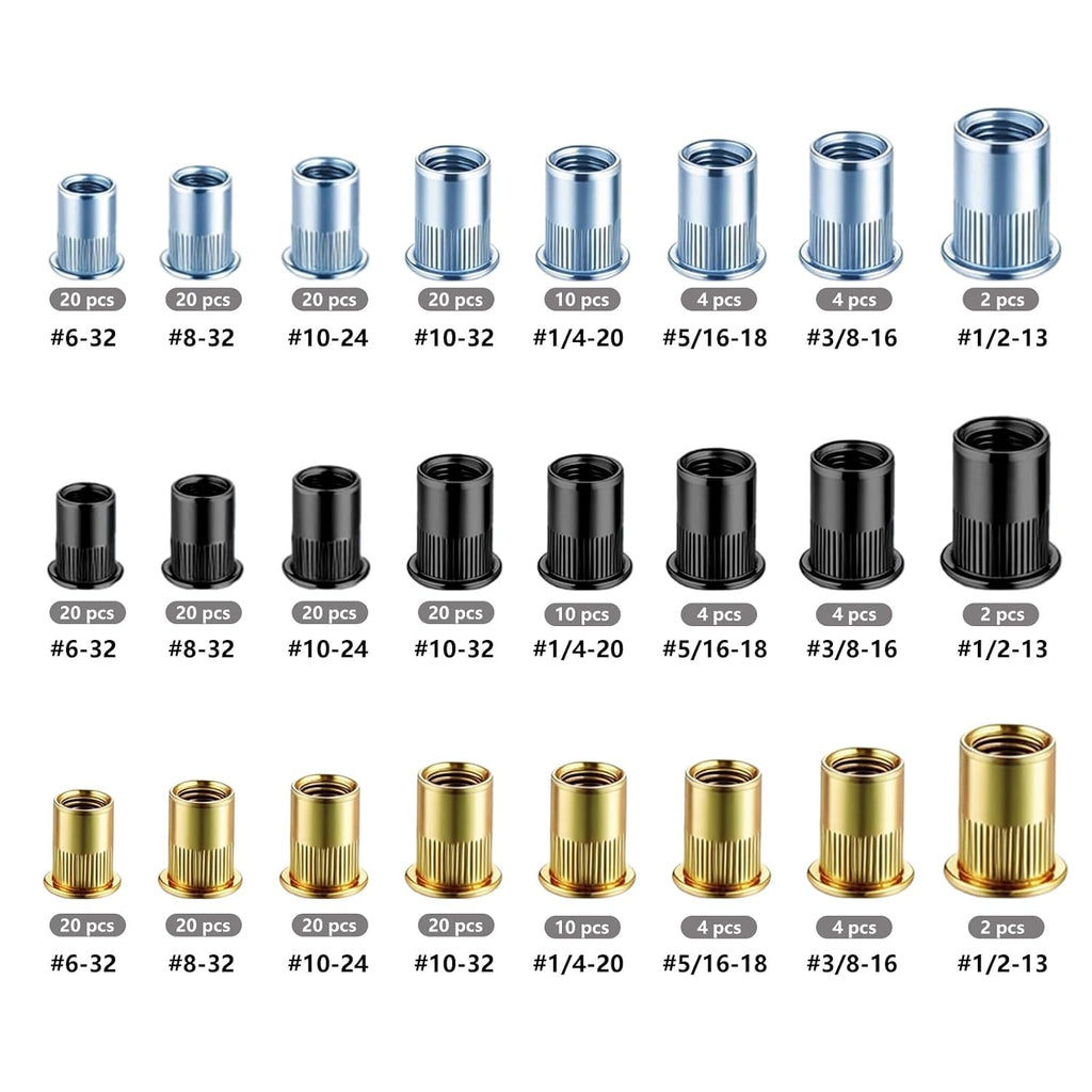 Wensilon Rivet nut Assortment kit Metric (336PCS) Black zinc Yellow Galvanized Finish Flat Head Rivet nut kit Thread Insertion nut Roller Body (M3 M4 M5 M6 M8 M10 M12)