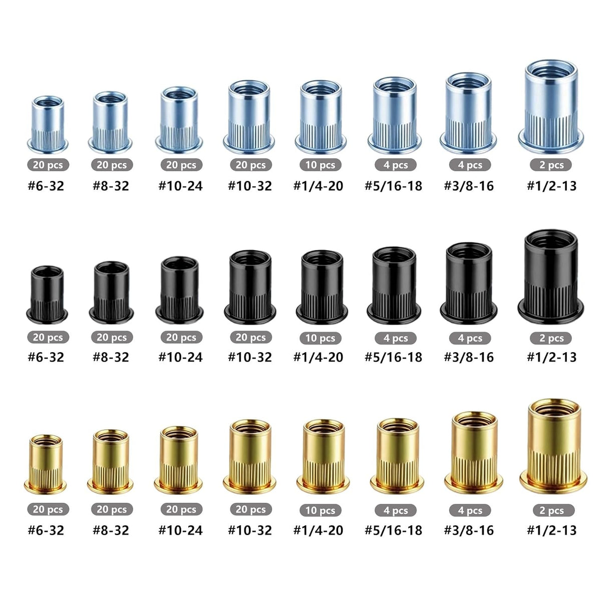 Wensilon Rivet nut Assortment kit Metric (336PCS) Black zinc Yellow Galvanized Finish Flat Head Rivet nut kit Thread Insertion nut Roller Body (M3 M4 M5 M6 M8 M10 M12)