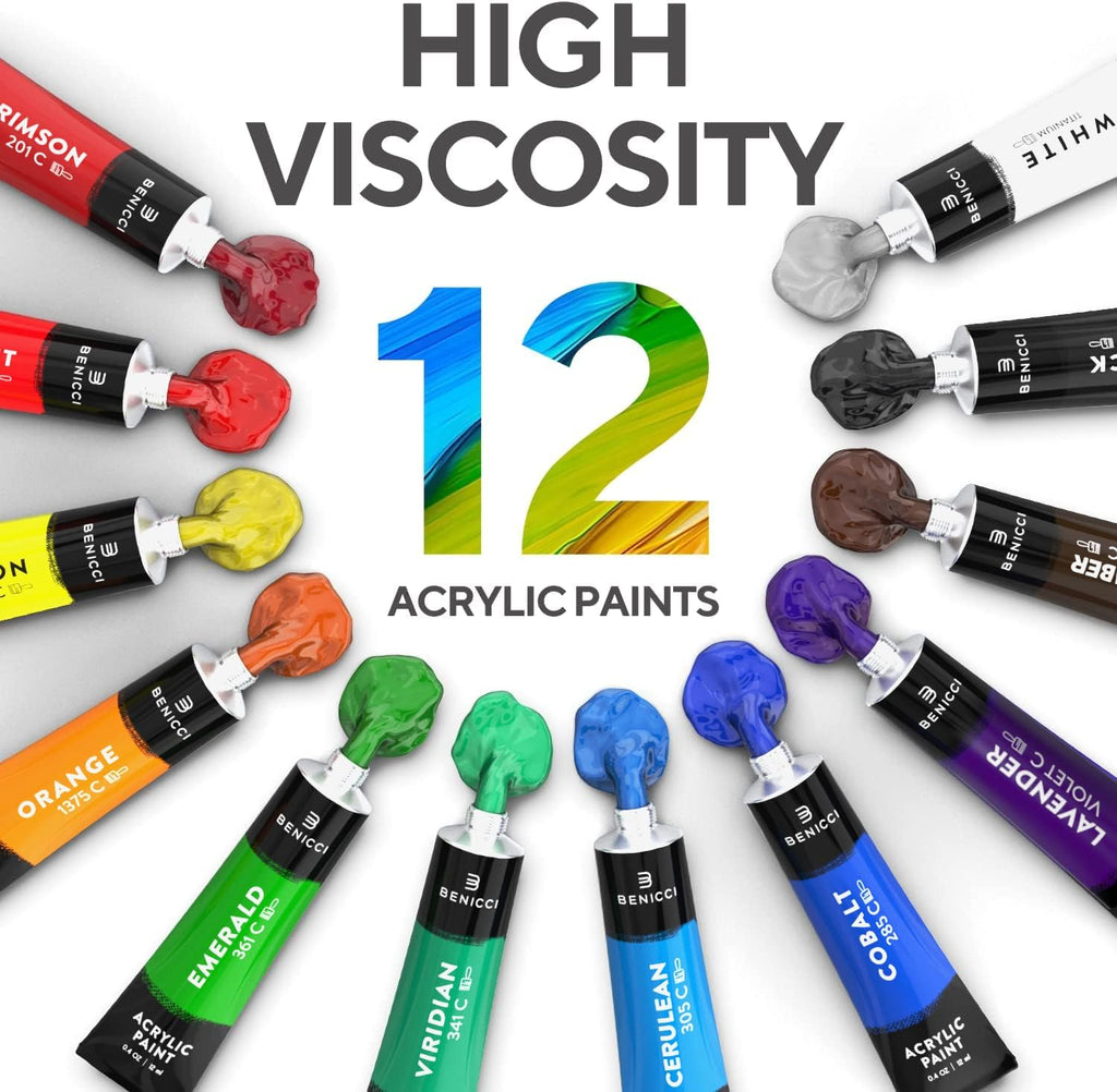 Complete Acrylic Paint Set – 12х Rich Pigment Colors & 6x Art Brushes - Includes 3 Paint Canvases, Palette Knife &