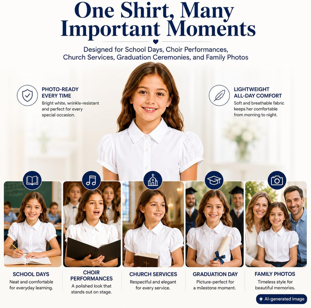 White Wrinkle-Free Girls Blouse: School Uniform Cotton Shirt | Ages 6-13