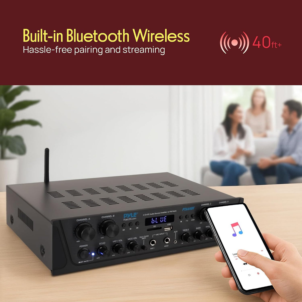 4-Channel Audio Amplifier with Bluetooth - Home Stereo Receiver w/ 500W Max Power - Commercial or Karaoke - Dual Mic
