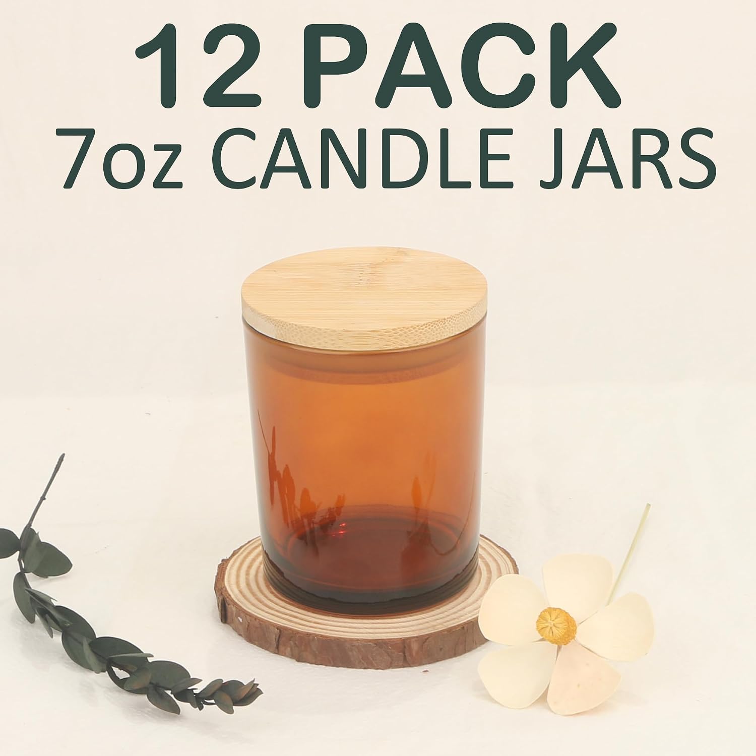 12 Pack 7 OZ Amber Thick Glass Candle Jars with Lids - Bulk Empty Candle Jar for Making Candles - Spice, Powder