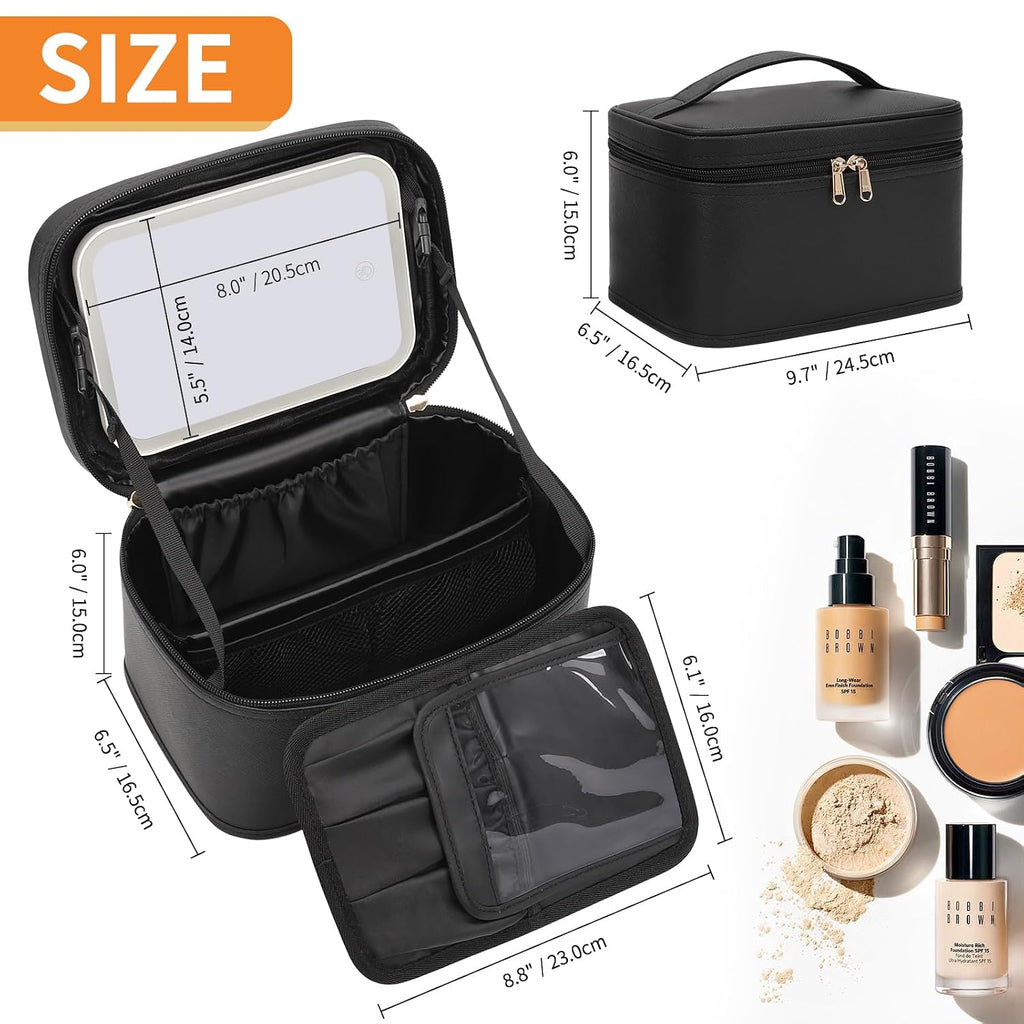 Makeup Bag With LED Mirror, Travel Makeup Bag With 3 Color Setting Light Up Mirror Cosmetic Makeup Organizer Vanity