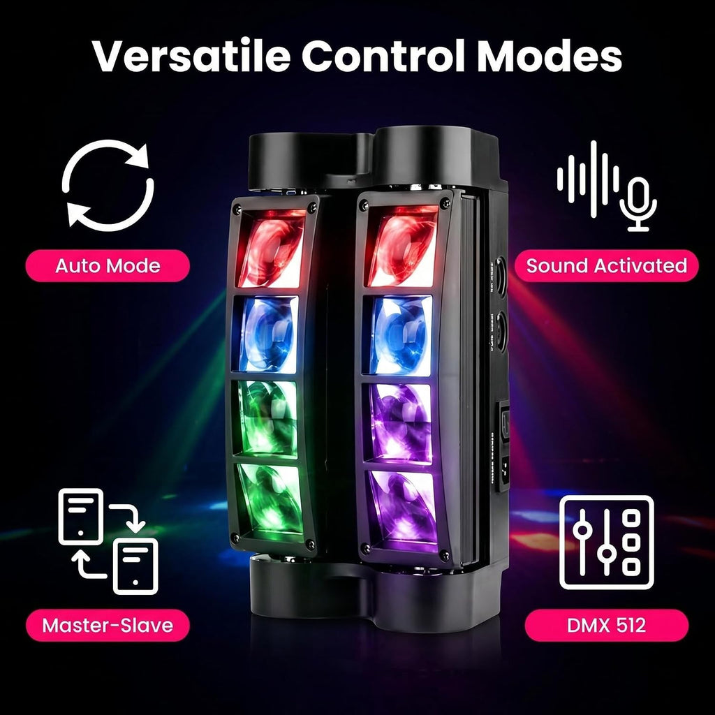 8x10W Spider Moving Head DJ Light, RGBW LED Stage Light 2 Packs | 8 LED RGBW Beams, Sound Activated & DMX512 Control