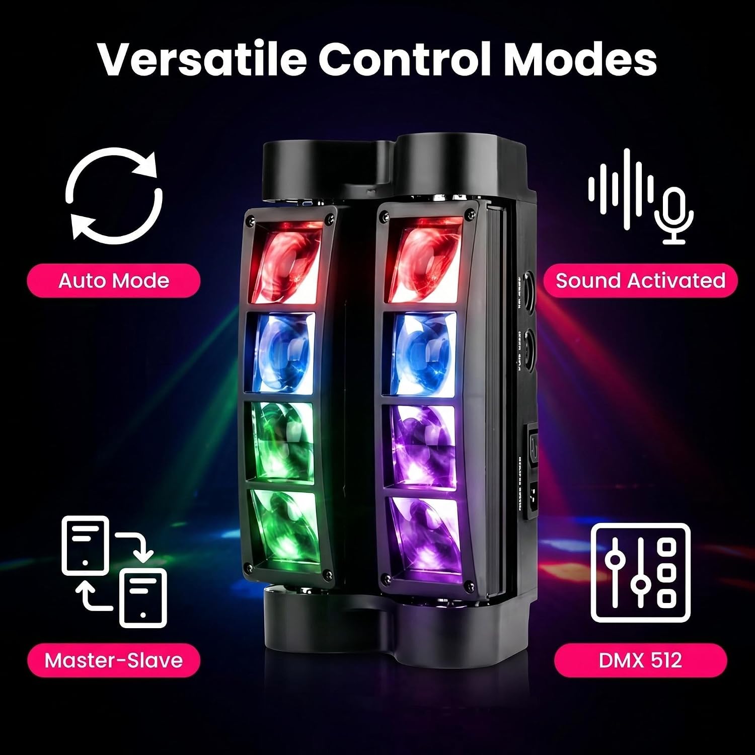 8x10W Spider Moving Head DJ Light, RGBW LED Stage Light 2 Packs | 8 LED RGBW Beams, Sound Activated & DMX512 Control