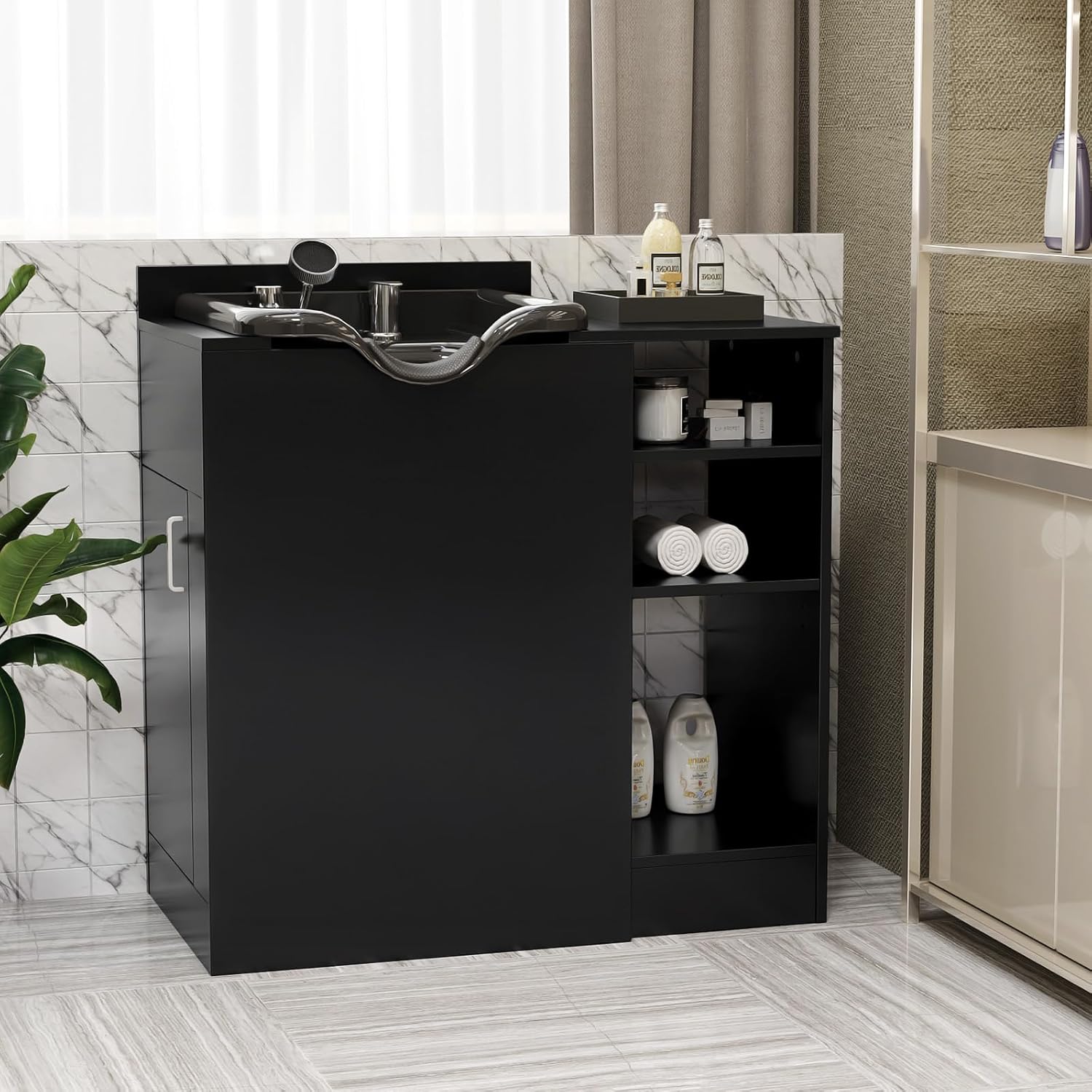 Salon Station, Shampoo Bowl with Cabinet, Freestanding Backwash Sink with Adjustable Shelf, UPC Certified Faucet