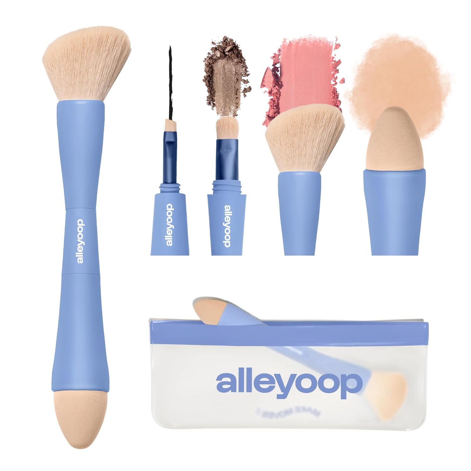 Makeup Brush Set Alleyoop Multi-Tasker 4-in-1 Travel Make Up Brush Set – Compact Makeup Brushes for Foundation