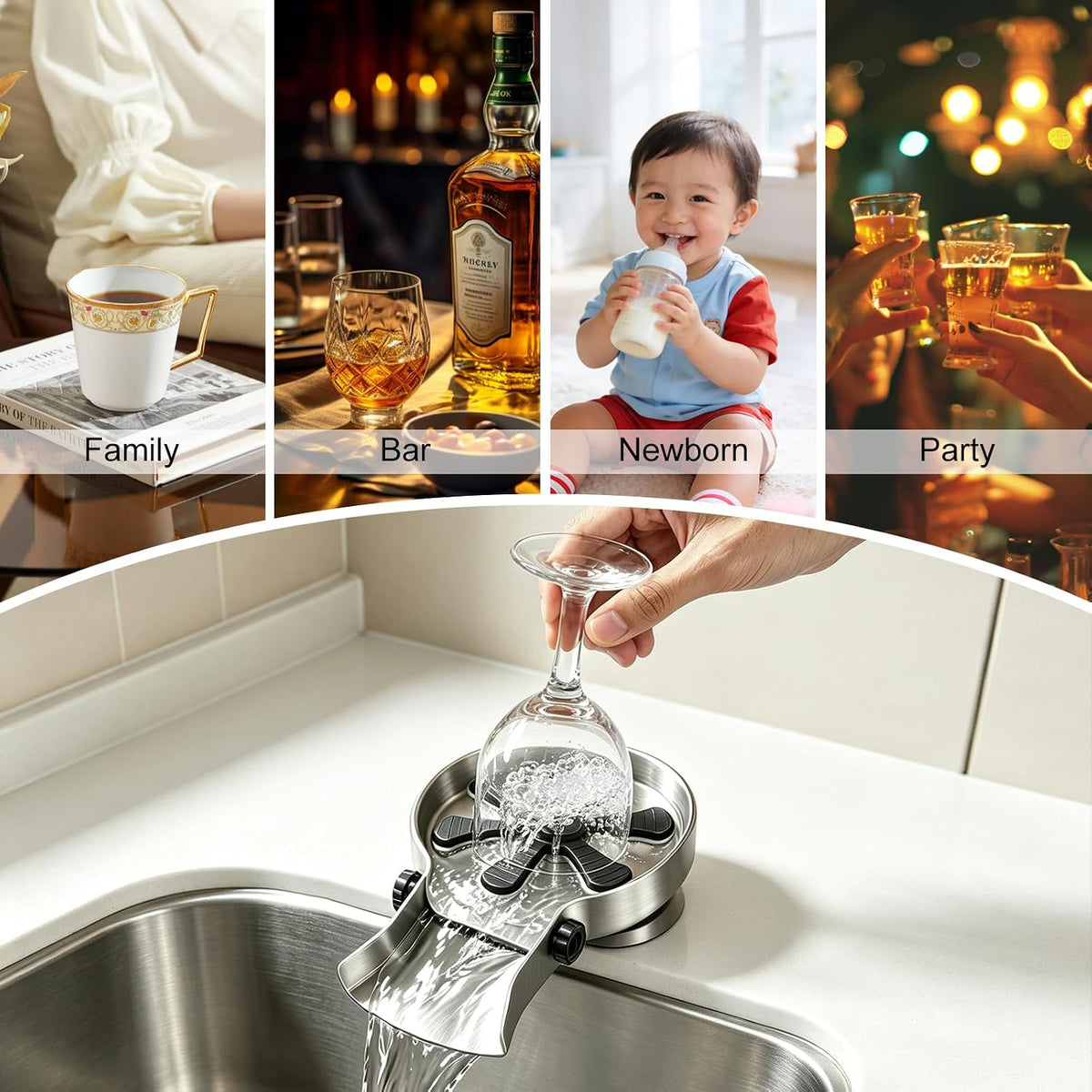Stainless Steel Glass Rinser for Kitchen Sink with Removable Water Outake Port, Cup & Bottle Washer with Wide Spray