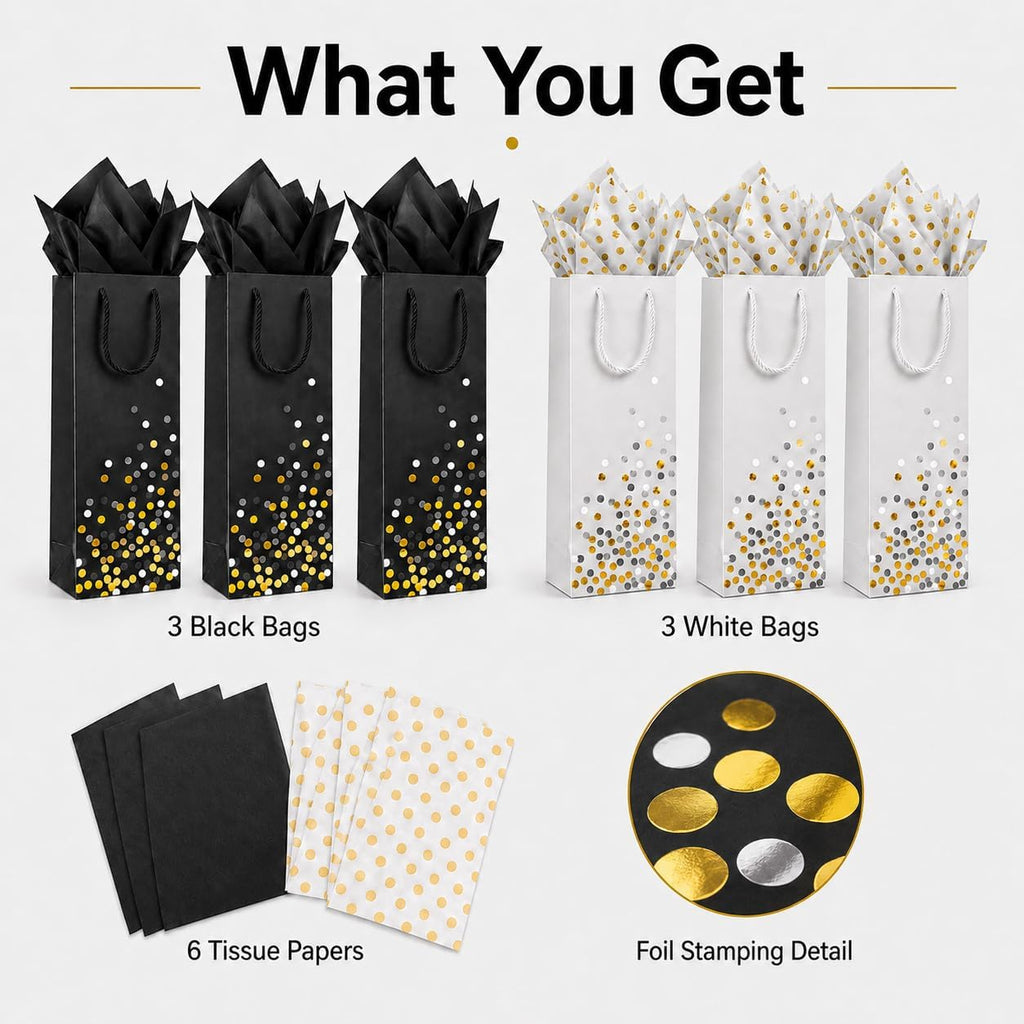 6 Pack Wine Gift Bags, 3 Black and 3 White Bottle Bags