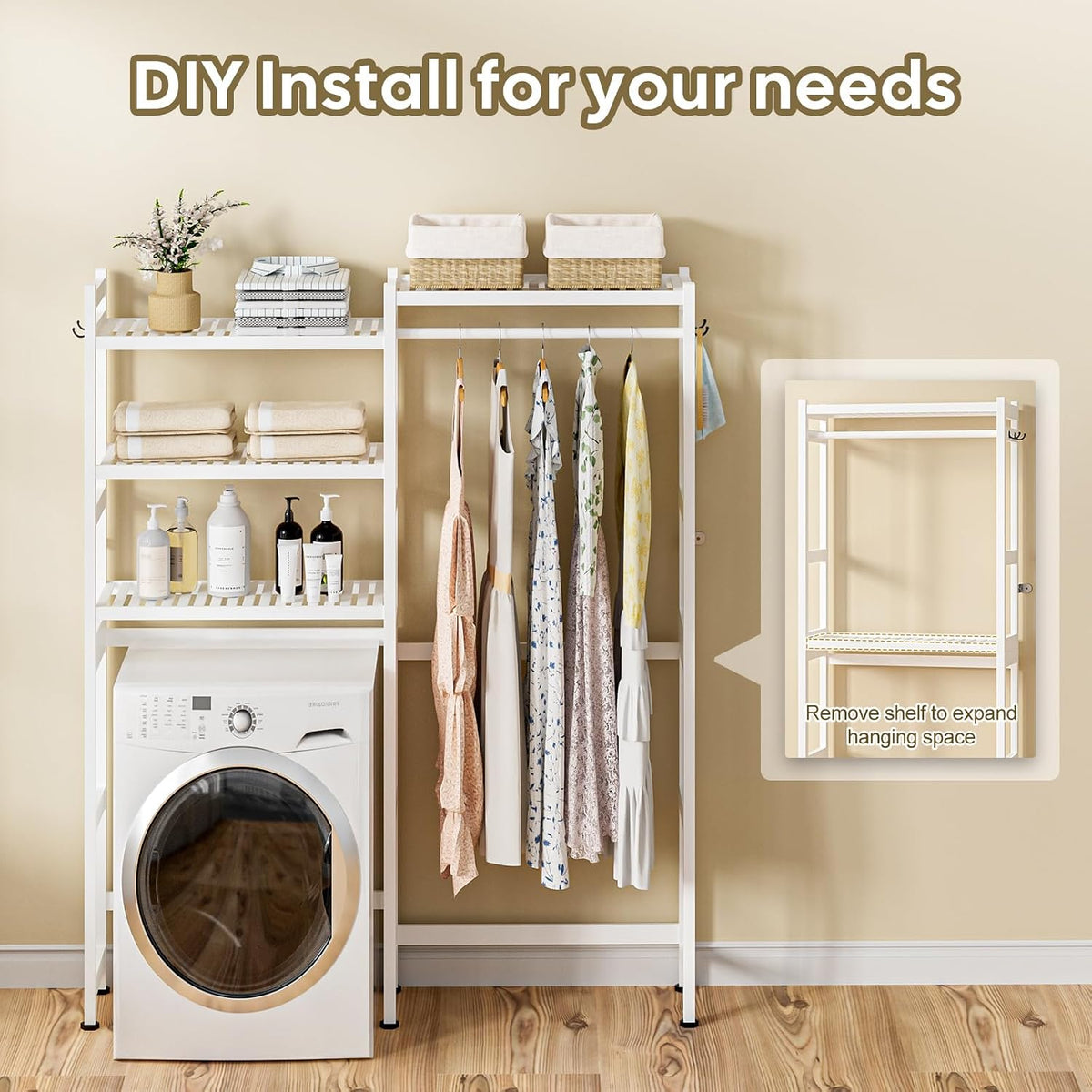 Over The Washer Dryer Storage Shelf: Bamboo 5 Tiers (White)