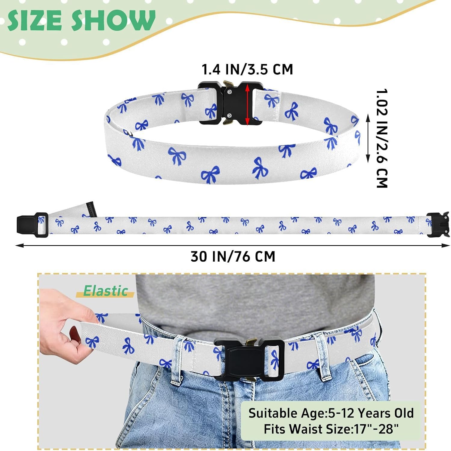 Bow Tie Adjustable Kids Elastic Belts, Girls Boys Stretch Waist Belt with Aluminum Alloy Buckle