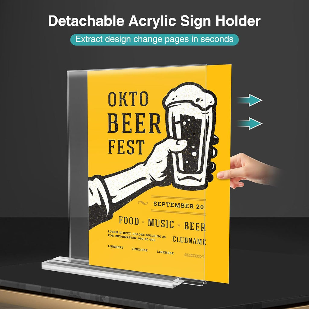 6 Pack Acrylic Sign Holder 8.5 x 11, Vertical T Shape Plastic Sign Holder with Base, Double-Sided Clear Tabletop