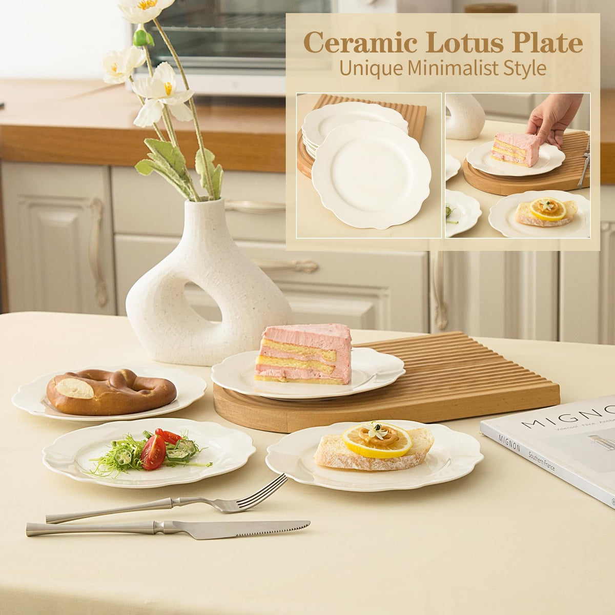7.5” White Porcelain Small Dinner Plates Leave Wave Rim Set of 12