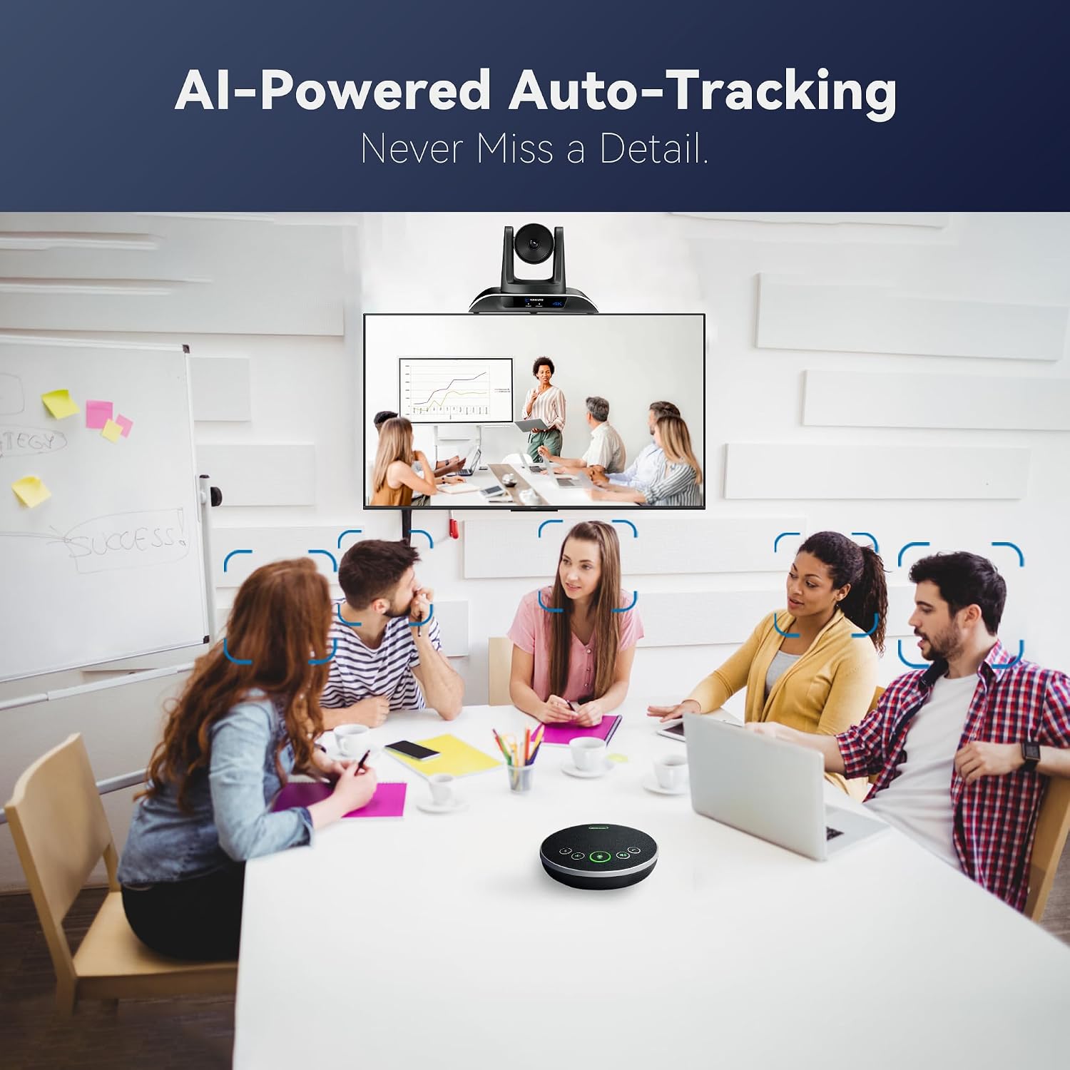 4K Conference Room Camera System with Gesture Control, AI Auto-Tracking PTZ Camera 5X Digital Zoom with Speakerphone