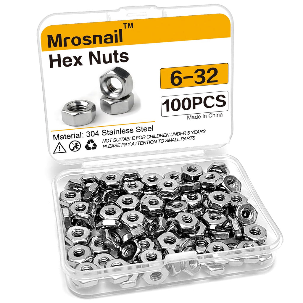 100PCS 6-32 Hex Nuts, 304 Stainless Steel, Full Thread