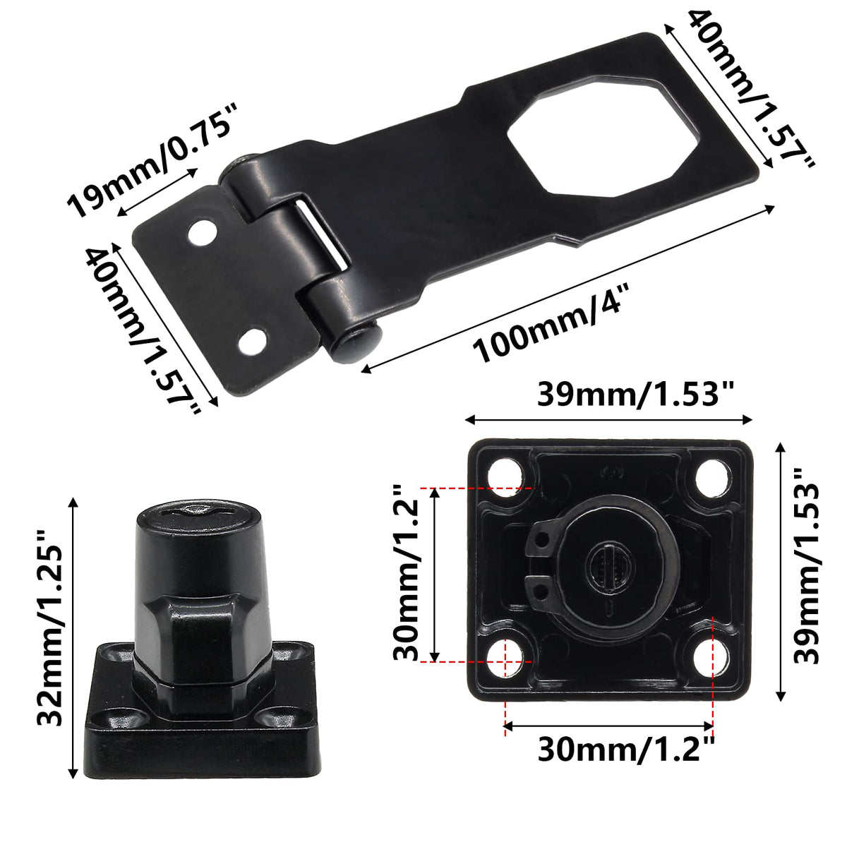 4 Pcs Keyed Hasp Lock, 4 Inch Twist Knob (Black)
