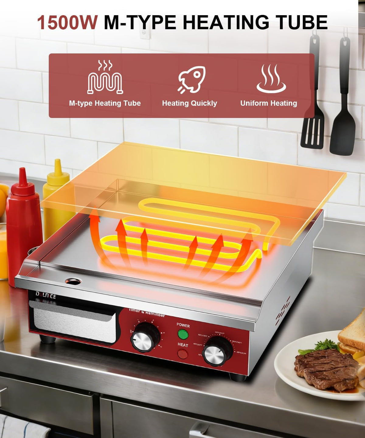 14"x11.8" Commercial Electric Griddle with 5 Minute Reminder Timer