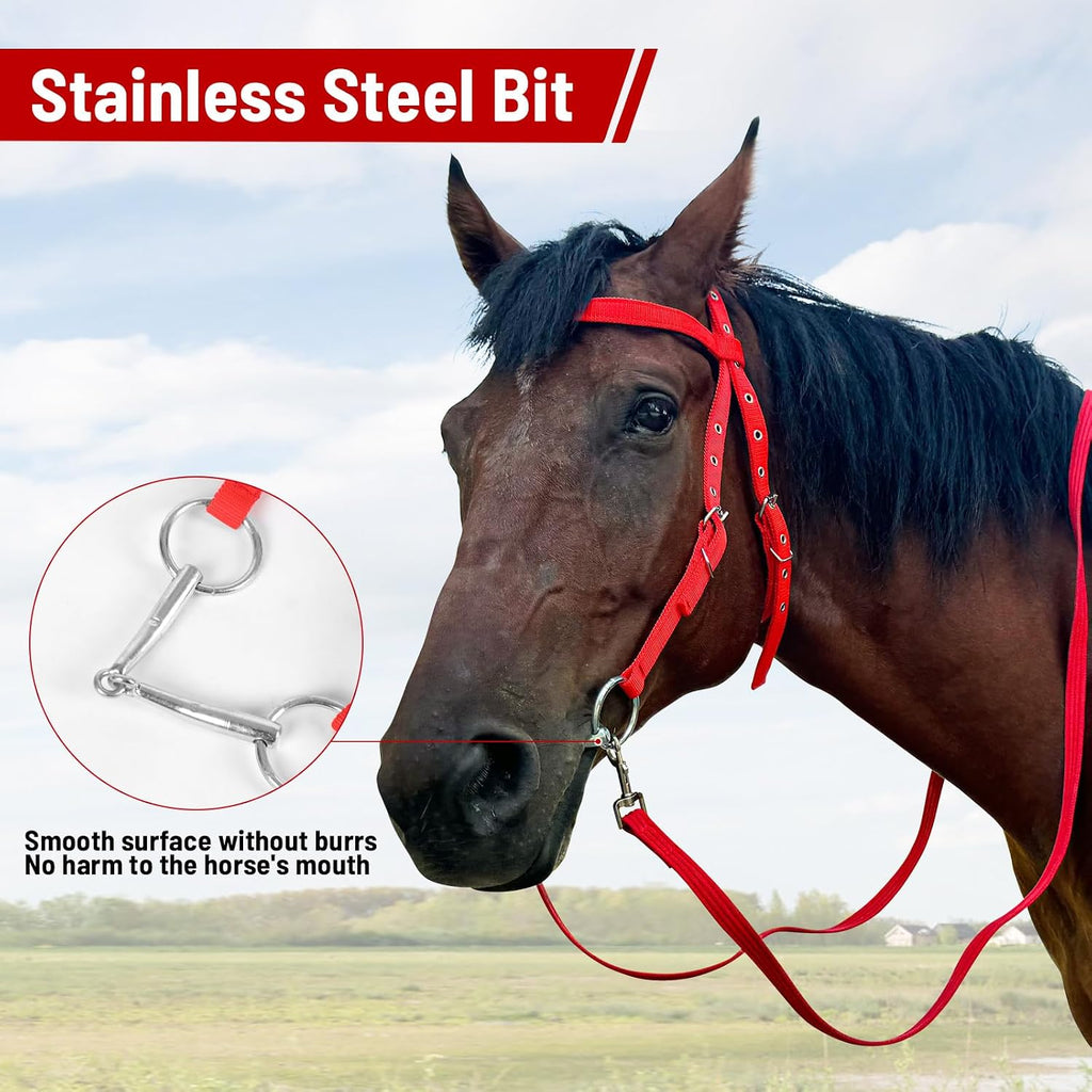 Adjustable Horse Bridle with Stainless Steel Bit, Black Nylon Headstall with Reins, Non-Slip Design