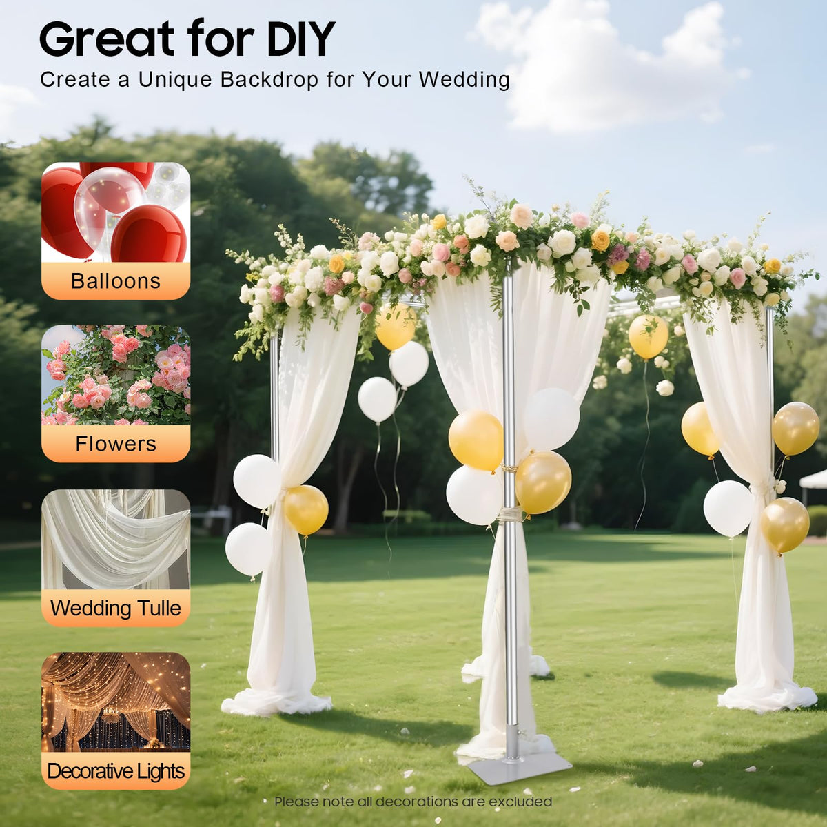 10FT Wedding Backdrop Stand, Adjustable 4-Post Canopy Chuppah Mandop Hardware Kit, Metal Arch Frame for Wedding