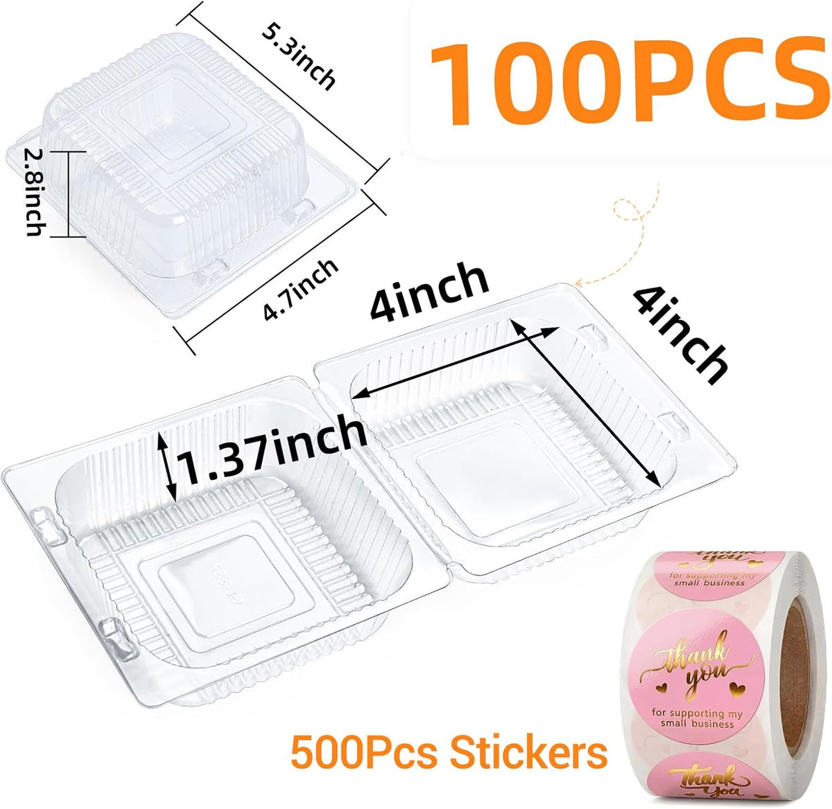 100 Pack Heavy Duty Clear Clamshell Food Containers with 500 Stickers